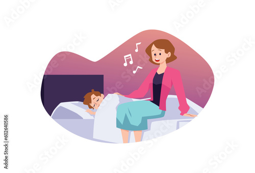 Mom sings lullaby to baby before going to bed flat vector illustration isolated.