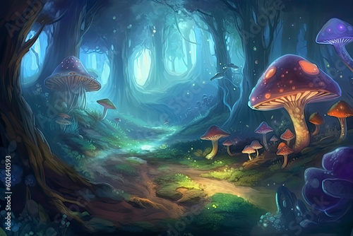 Watercolor and oil fantasy forest landscape  magic trees  mushrooms  glowing