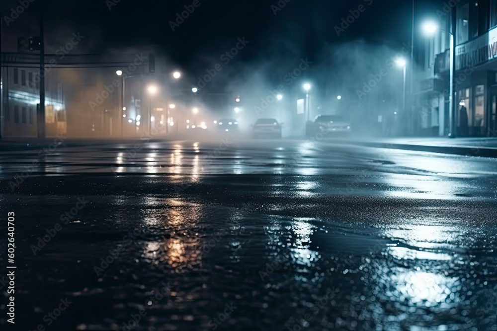 Wet asphalt, reflection of neon lights, a searchlight, smoke. Abstract light in a dark empty street with smoke Wet asphalt, reflection of neon lights, a searchlight, smoke. Abstract light in a dark empty street with smoke