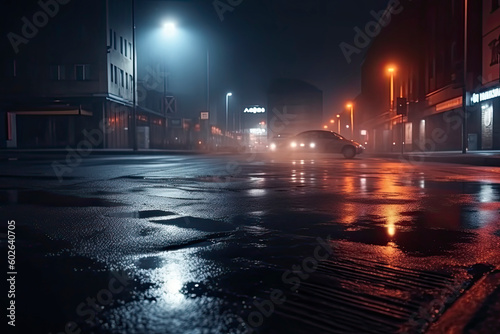 Wet asphalt, reflection of neon lights, a searchlight, smoke. Abstract light in a dark empty street with smoke © rufous