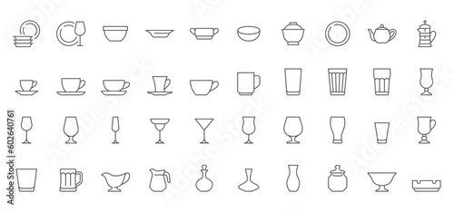 Glassware line icons set. Glass crockery - mug, wineglass, highball, teapot, plate, french press, sauceboat, vase, bowl, jar vector illustration. Outline signs of kitchen utensil. Editable Stroke