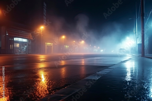 Wet asphalt  reflection of neon lights  a searchlight  smoke. Abstract light in a dark empty street with smoke