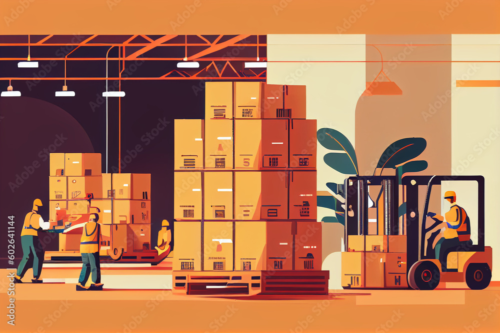 Loading and unloading goods and boxes in the warehouse. A forklift and ...