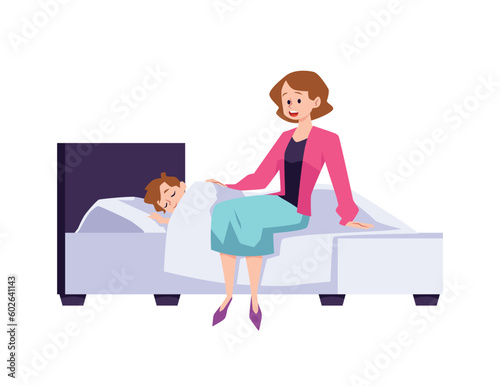 Mother puts her son in bed and sings lullaby, flat vector illustration isolated on white background.