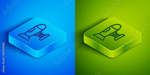 Isometric line Swing plane on the playground icon isolated on blue and green background. Childrens carousel with plane. Amusement icon. Square button. Vector
