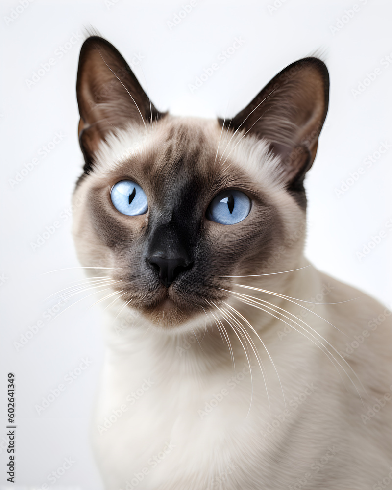 Elegant Siamese Cat With Blue Eyes and Spot Coloration Close-Up Isolated on White Background, Cute Pet With Expressive Eyes