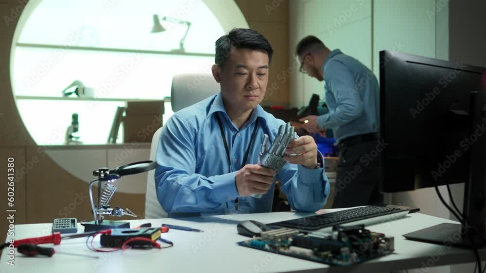 Smart Asian creator sitting in front of computer and holding robots hand. Attactive man developing innovating technology in modern labatory. In backbround engineers working together. Smart Asian creator sitting in front of computer and holding robots hand. Attactive man developing innovating technology in modern labatory. In backbround engineers working together.