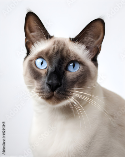 Elegant Siamese Cat With Blue Eyes and Spot Coloration Close-Up Isolated on White Background, Cute Pet With Expressive Eyes © Amanda I.