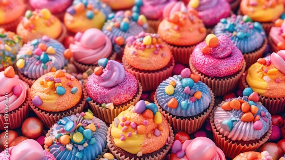 Colorful tasty birthday cupcakes. Generative AI Colorful tasty birthday cupcakes. Generative AI