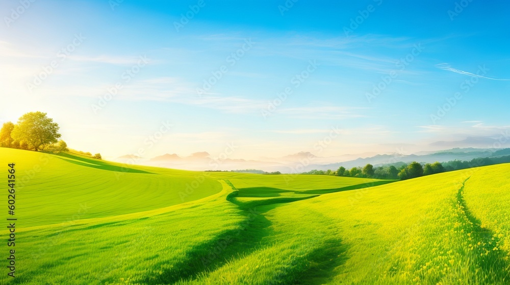 Picturesque winding path through a green grass field in hilly area in morning at dawn against blue sky with clouds. Natural panoramic spring summer landscape Generative Ai Technology.