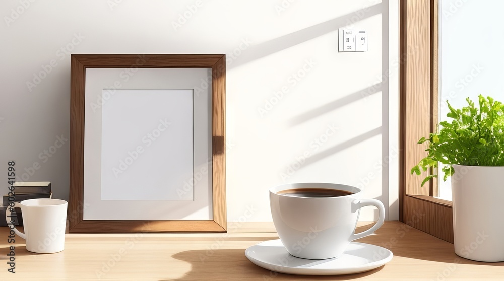 Breakfast still life scene. Cup of coffee, books and empty picture frame mockup on wooden desk, table. Elegant working space with Generative Ai Technology.