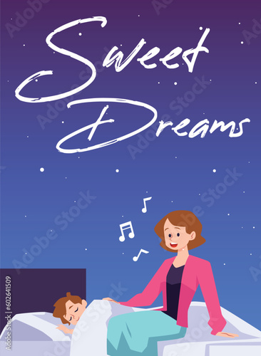 Mother singing lullaby to sleeping child, poster template - flat vector illustration.