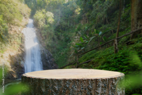 Wood table top podium floor in outdoor waterfall green tropical forest nature background.Natural water product present placement pedestal counter display  spring summer jungle paradise concept.