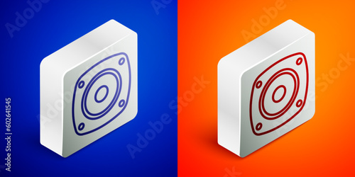 Isometric line Stereo speaker icon isolated on blue and orange background. Sound system speakers. Music icon. Musical column speaker bass equipment. Silver square button. Vector