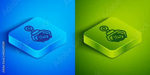 Isometric line Grapple crane grabbed a log icon isolated on blue and green background. Forest industry. Industrial crane for lumber trunk wood production. Square button. Vector