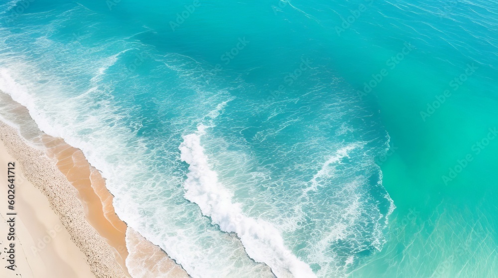Ocean waves on the beach as a background. Beautiful natural summer vacation holidays background. Aerial top down view of beach and sea with blue water waves with Generative Ai Technology.