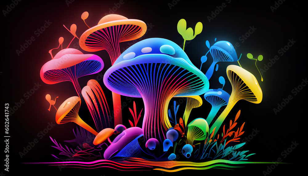 Neon mushrooms on a black background. Fly agaric or hallucinogenic mushrooms. Neon mushrooms on a black background. Fly agaric or hallucinogenic mushrooms.
