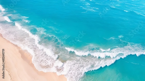 Ocean waves on the beach as a background. Beautiful natural summer vacation holidays background. Aerial top down view of beach and sea with blue water waves with Generative Ai Technology.