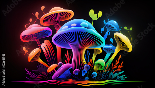 Neon mushrooms on a black background. Fly agaric or hallucinogenic mushrooms.