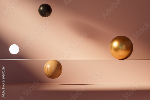 Fototapeta Naklejka Na Ścianę i Meble -  3d presentation background of surreal pink room with levitating spheres illuminated by sunlight. 3d rendering of mockup of presentation podium for display or advertising purposes