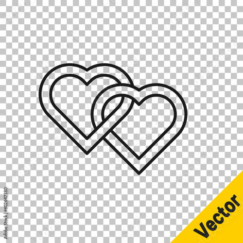 Black line Two Linked Hearts icon isolated on transparent background. Romantic symbol linked, join, passion and wedding. Valentine day. Vector