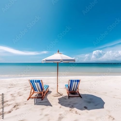 White Sand Beach Banner  Chairs and Umbrella. Generative AI