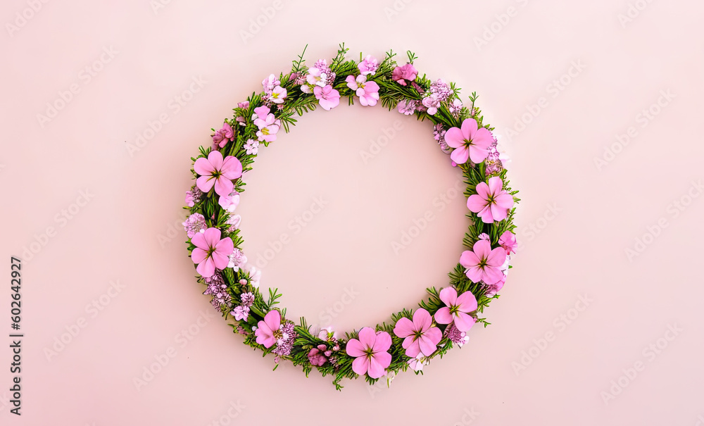 Wreath of flowers on pink background. Flowers composition. Wreath made of pink flowers on pink background. Flat lay, top view, copy space. Generative AI