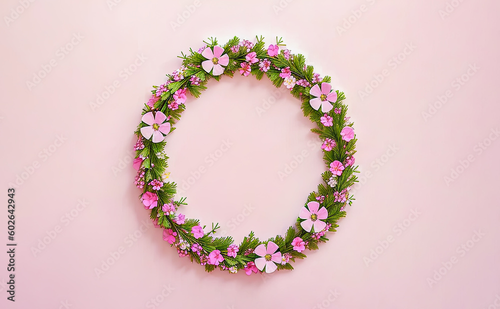 Obraz premium Wreath of flowers on pink background. Flowers composition. Wreath made of pink flowers on pink background. Flat lay, top view, copy space. Generative AI