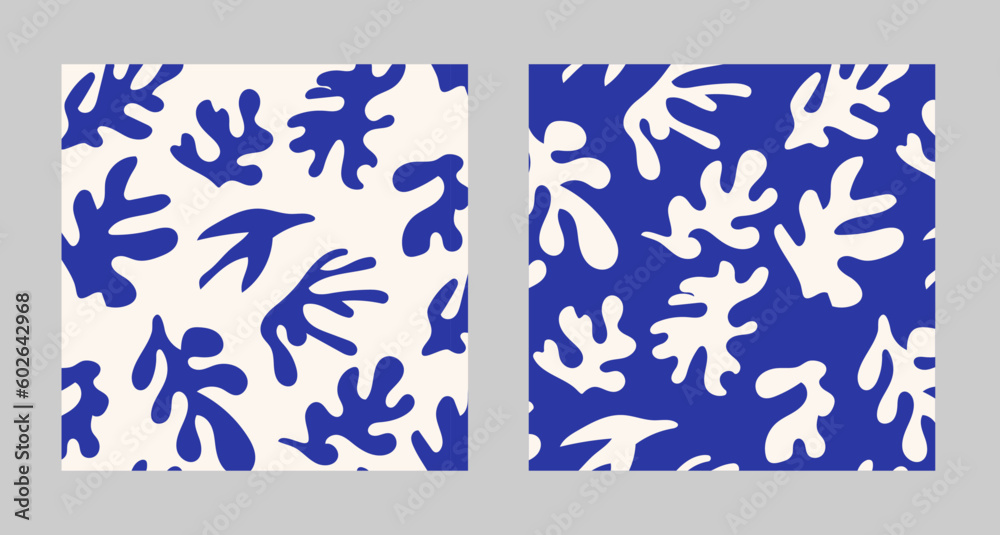 Fototapeta premium Matisse inspired curves aesthetic seamless patterns. Groovy abstract flower art. Organic floral doodle shapes in trendy naive retro hippie 60s 70s style. Botanic vector backgrounds in blue color.