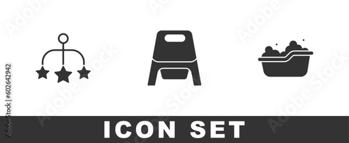 Set Baby crib hanging toys, potty and bathtub icon. Vector