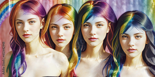 Different Hair Tones. Coloring Hair. Web banner of beauty hair salon. Group of women with bright multicolored rainbow hair. Copy space. Hair care and dyed. Generative AI
