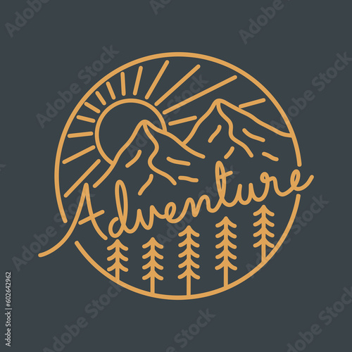 Mountain adventure in mono line art design for badge, sticker, t shirt design, etc