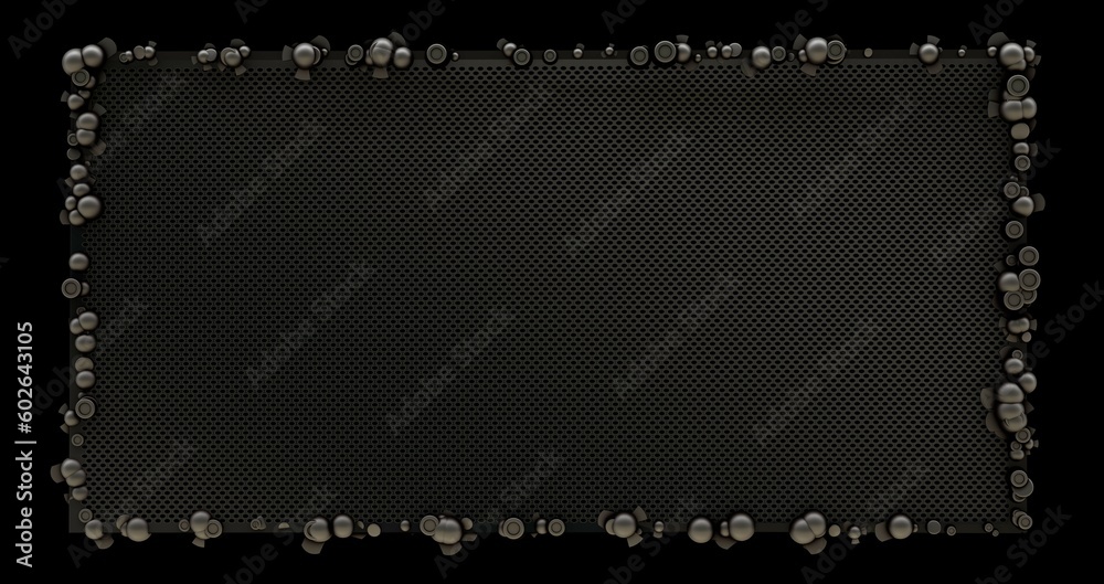 Chromed techno frame mesh background. Bronze ornament with 3d render decorative round rivets with dark industrial steampunk design