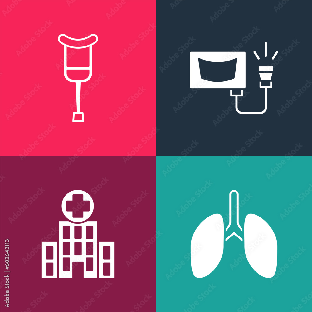 Set pop art Lungs, Medical hospital building, Ultrasound and Crutch or crutches icon. Vector Set pop art Lungs, Medical hospital building, Ultrasound and Crutch or crutches icon. Vector