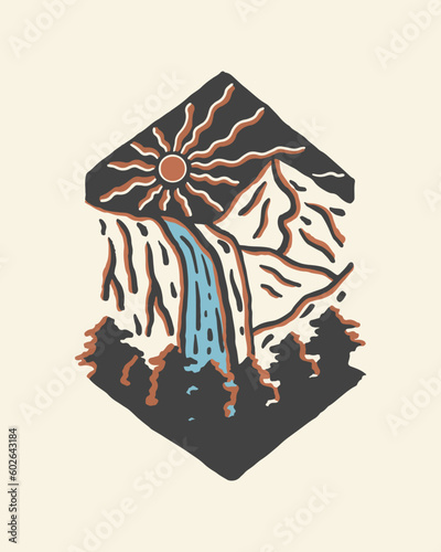 Hand drawing of the waterfall and mountains design vector