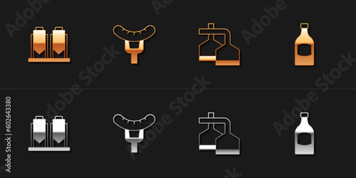 Set Beer brewing process, Sausage on the fork, and bottle icon. Vector