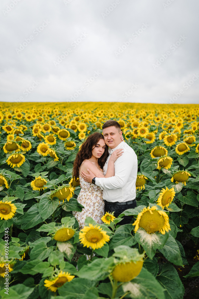 Man and woman hugging, enjoying glade, embrace in nature. Couple hugs in sunflowers field. Honeymoon trip. Weekend vacation holidays concept. Love story on summer day. Selective focus. Romantic moment Man and woman hugging, enjoying glade, embrace in nature. Couple hugs in sunflowers field. Honeymoon trip. Weekend vacation holidays concept. Love story on summer day. Selective focus. Romantic moment