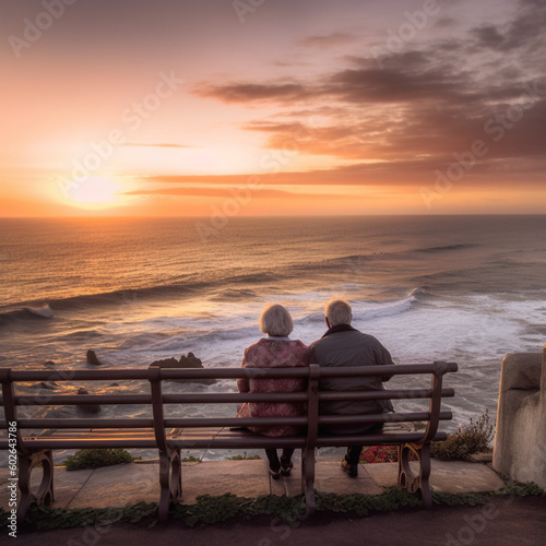 Elderly couple on a bench looking at the sea. Generative AI.