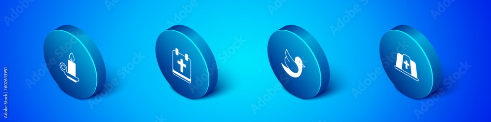 Set Isometric Burning candle in candlestick, Dove, Pope hat and Calendar with Easter icon. Vector Set Isometric Burning candle in candlestick, Dove, Pope hat and Calendar with Easter icon. Vector