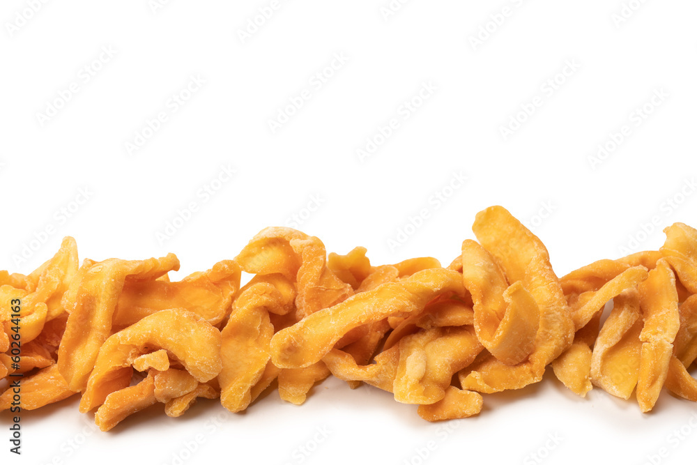 Dried melon slices isolated on a white background.