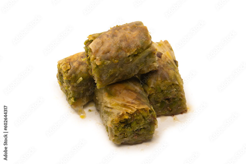 Turkish pistachio baklava isolated on white background. Turkish pistachio baklava isolated on white background.