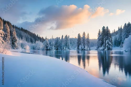 sunrise in the mountains with snow-covered trees