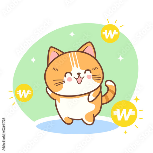 Vector kawaii cute cat mascot with gold coin  korean won symbol illustration rich cat KRW 
