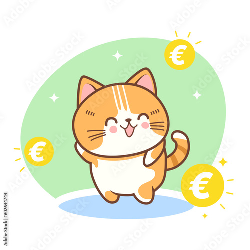 Vector kawaii cute cat mascot with gold coin euro illustration rich cat EUR	