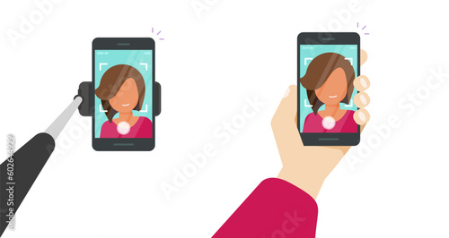 Selfie stick cell woman phone photo vector and girl hand hold self portrait on cellphone smartphone screen isolated clipart image