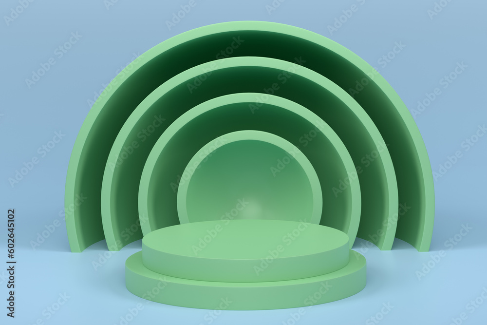 Fototapeta premium Pastel green cylinder podium with steps on blue background