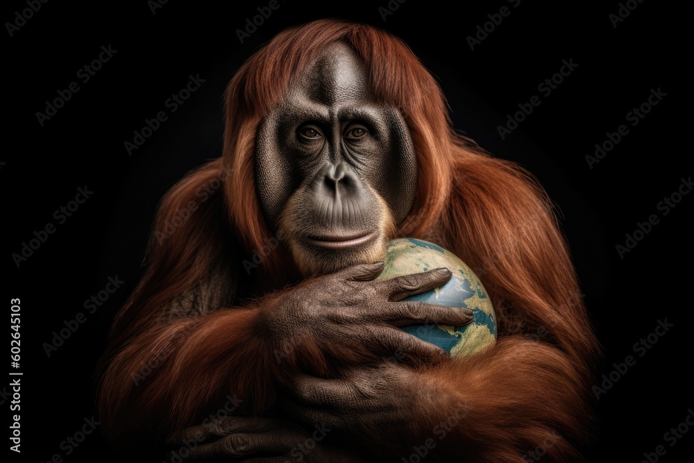 a curious monkey holding a globe