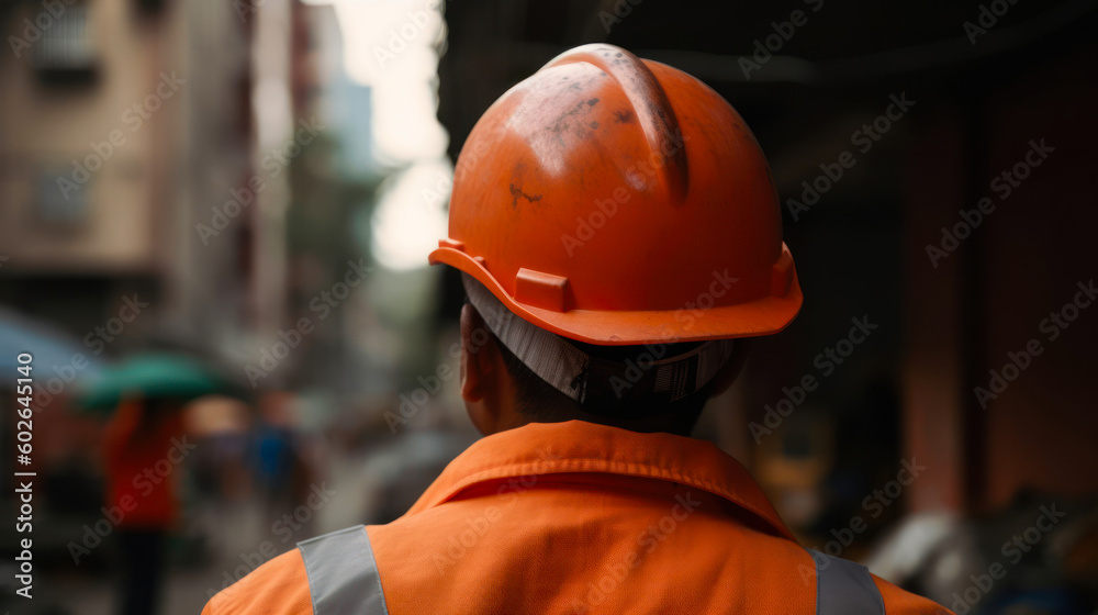 Rear view of a construction worker wearing safety helmet and reflective vest. Generated AI Rear view of a construction worker wearing safety helmet and reflective vest. Generated AI