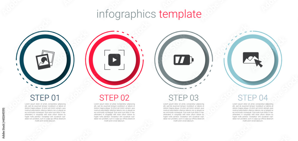 Set Photo frame, Camera focus line, Battery for camera and retouching. Business infographic template. Vector