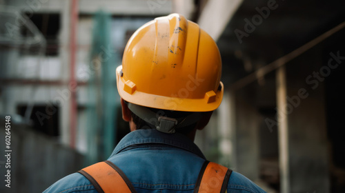 construction worker wearing safety helmet in construction site, selective focus. Generated AI